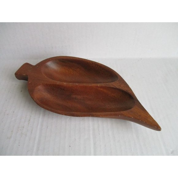 *Monkey Pod Wood Serving Dish Leaf Shape 2 Compartment Candy Nuts - Philippines - Picture 2 of 6